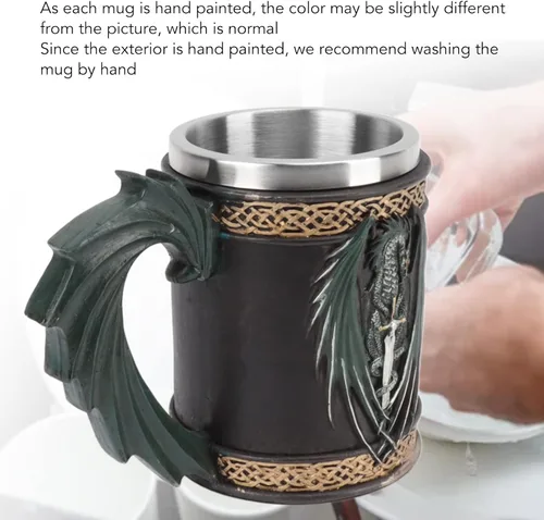 Vista 2 de Taza de cerveza vikinga medieval Taza de café vikingo retro de dragón Taza de acero inoxidable para jarra Taza de cerveza de gran capacidad