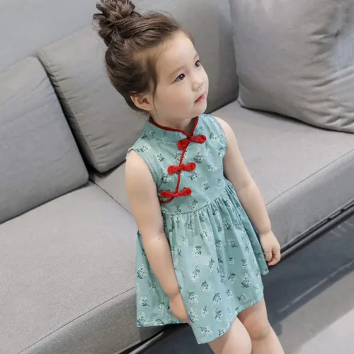 Vista 4 de Vestido de bebé niña pequeña chino asiático Qipao a cuadros, floralconejo, estampado Cheongsam sin mangas, vestido de verano