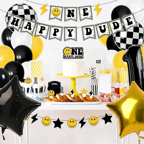Vista 3 de Whaline 48 unidades de decoración de fiesta de cumpleaños de One Happy Dude globos amarillos, blancos y negros, globos a cuadros, guirnalda