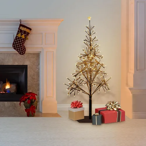 Vista 2 de Alpine Corporation Árbol de Navidad artificial festivo para interiores y exteriores de 53 pulgadas de alto con luces LED blancas cálidas, dorado