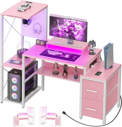 Vista 9 de Escritorio pequeño para juegos con 2 cajones de tela, escritorio reversible para computadora con toma de corriente y luces LED, escritorio