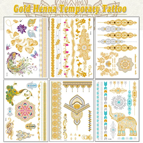 Vista 2 de 6 hojas de tatuajes temporales de henna dorada para mujeres y niñas, calcomanías de tatuaje falso de encaje, misterio sexy, mandala, flor, diseño