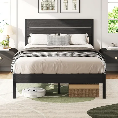 Vista 8 de Lifezone Base de cama Queen con cabecero y estribo, marco de cama de metal Queen con almacenamiento debajo de la cama, sistema de soporte de metal
