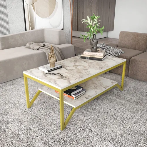 Vista 7 de Flora - Mesa auxiliar rectangular moderna de diseño industrial de 47 pulgadas de ancho, parte superior de madera con acabado de mármol, marco
