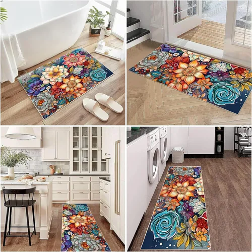 Vista 5 de Juego de 2 tapetes de cocina coloridos y bohemios con diseño floral, antideslizantes, gruesos, bohemios, con flores, acolchados, antifatiga, tapetes