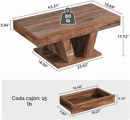 Vista 2 de Mesa de centro de granja con 2 cajones laterales, mesa de té central de madera de 43 pulgadas con almacenamiento oculto, mesa de cóctel rectangular