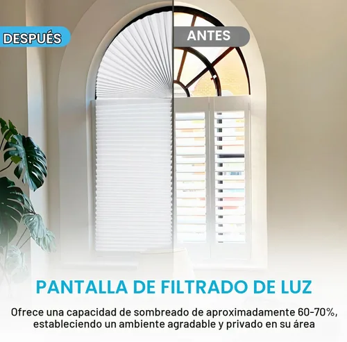 Vista 2 de Persianas plisadas con filtro de luz para ventana de arco semicírculo, 2 unidades, sombra del 60%-70%, fáciles de cortar e instalar, 72" x 36