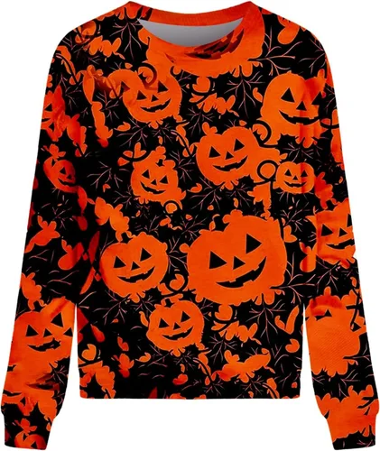 Vista 2 de Sudaderas de Halloween para mujer, camisas de manga larga, cuello redondo, estampadas, holgadas, casuales, ropa de otoño 2023