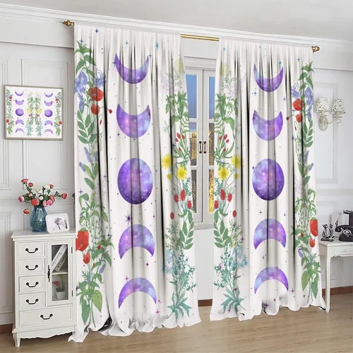 Vista 4 de Cortinas opacas con diseño de luna y flores silvestres para cocina, cortinas opacas de acuarela floral con flores silvestres iluminadas por la luna