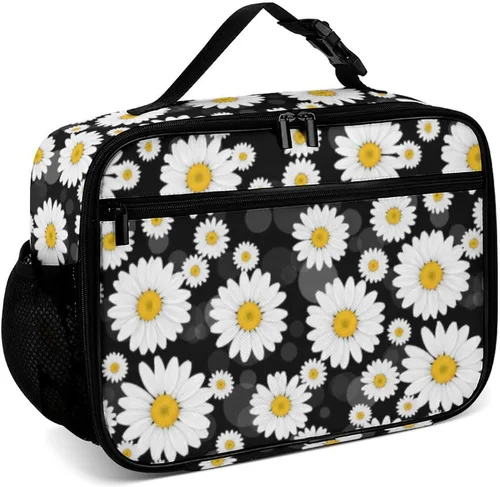 Vista 28 de Lonchera reutilizable con diseño de flores de hibisco blanco, bolsa de almuerzo aislada, lonchera para comida y alimentos, bolsa de mano