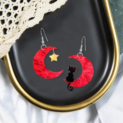 Vista 2 de Pendientes colgantes de gato negro en la luna, aretes de estrella de acrílico, diseño de animales encantadores para mujeres y niñas