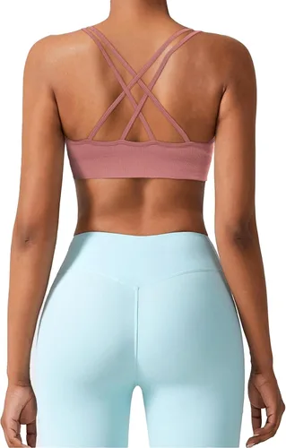Vista 3 de Brasier deportivo para mujer, con cuello en V, tirantes cruzados, brasier de yoga acolchado, soporte medio, entrenamiento, gimnasio, atlético