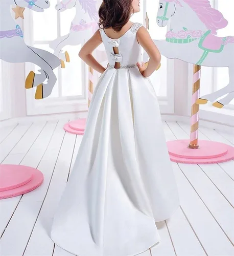 Vista 2 de Vestidos blancos de primera comunión para niñas de 7 a 16 años con volantes de satén para fiesta de cumpleaños