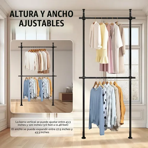 Vista 7 de Perchero de doble barra resistente, perchero ajustable de piso a techo, 2 barras transversales de 220 libras de capacidad cada una, acero al carbono