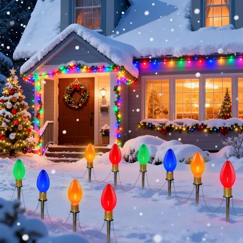 Vista 10 de Abeja Luz de camino de Navidad C9 para exteriores, bombillas multicolor de 38 pies, luces de camino de Navidad con 25 estacas, luces conectables