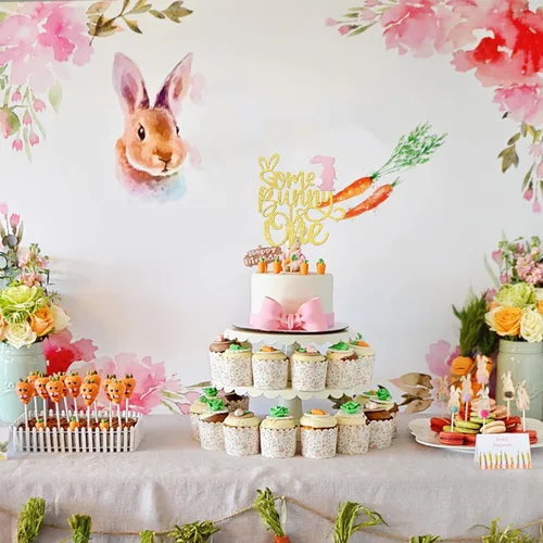 Vista 4 de 1 pieza de decoración de pastel con purpurina dorada de conejo de Pascua para primer cumpleaños para temática de Pascua, baby shower, niños, primera