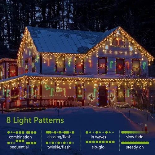 Vista 2 de Decoración de luces de Navidad al aire libre de 13.8 pies, 200 luces LED con 12 estrellas, 8 modos de luces de hadas regulables para decoración