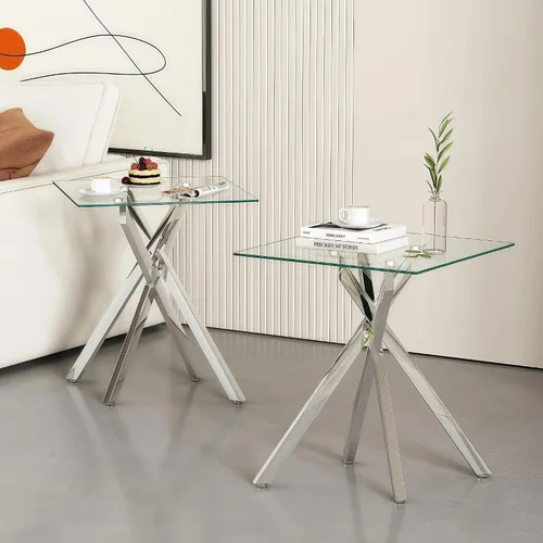 Vista 14 de Mesa auxiliar moderna de cristal, mesa auxiliar cuadrada para sofá, mesa auxiliar negra con parte superior de vidrio templado transparente y patas