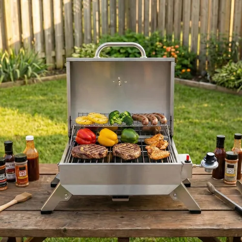 Vista 10 de Royal Gourmet GT1001 Parrilla portátil de acero inoxidable, 10000 BTU Parrilla de gas de mesa para barbacoa con patas plegables y tapa