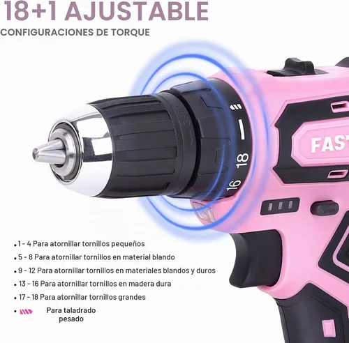 Vista 5 de FASTPRO Juego de herramientas para el hogar y taladro de iones de litio inalámbrico de 177 piezas de 20 V rosa con taladro en estuche
