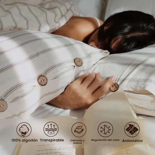 Vista 5 de Lavien Home, Juego de funda de edredón de algodón 100 % natural, tamaño individual, ropa de cama tipo lino a rayas de 2 piezas, prelavada para mayor