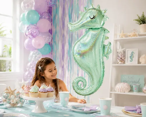 Vista 2 de Anagram - Globo holográfico brillante con forma de caballito de mar de 38 pulgadas