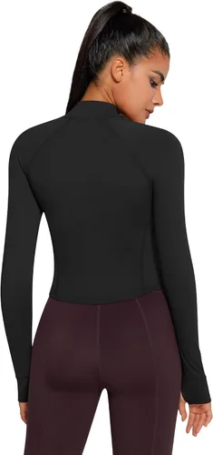 Vista 3 de Chaqueta Bbl con cremallera para mujer, ligera, recortada, atlética, para atletismo, gimnasio, entrenamiento, correr, yoga, senderismo