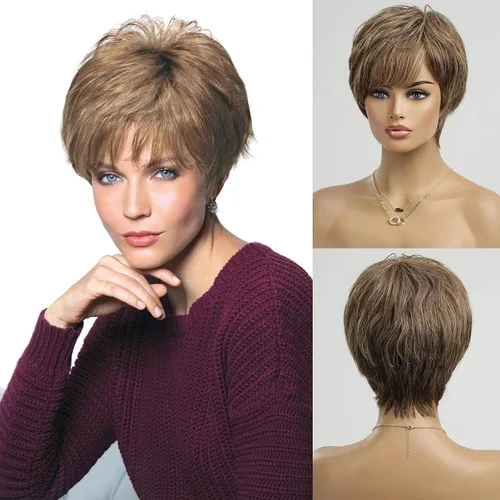 Vista 11 de HAIRCUBE Pelucas rubias de corte Pixie para mujer, estilo ondulado natural, peluca de encaje sintético resistente al calor con parte superior