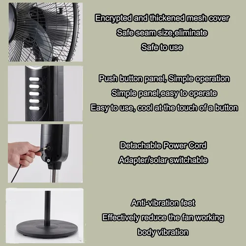 Vista 10 de Ventilador solar recargable de 16 pulgadas, ventilador oscilante ajustable de pie, motor de corriente continua, ventilador de piso silencioso