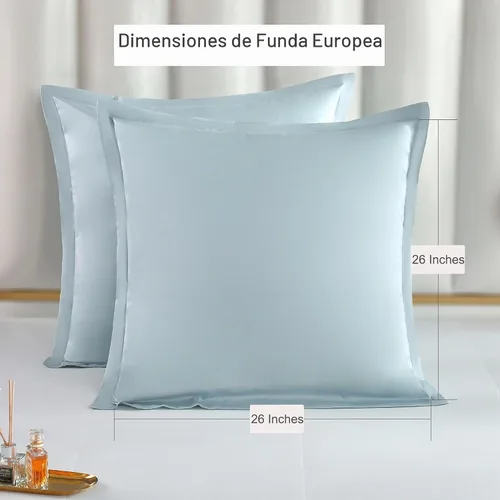 Vista 2 de Juego de 2 fundas europeas de algodón de fibra larga 100 % de lujo (26 x 26 pulgadas), con cierre de sobre en la parte posterior, color azul brumoso
