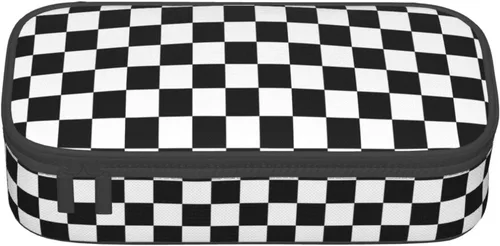 Vista 2 de Perinsto Estuche de lápices a cuadros en blanco y negro de gran capacidad, con múltiples compartimentos, caja de papelería, tablero de ajedrez