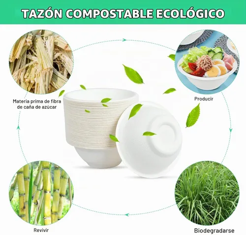 Vista 3 de Cuencos de papel desechables, 8 onzas, paquete de 200, resistentes, fibra de caña de azúcar, ecológicos, biodegradables, aptos para microondas