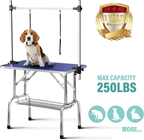 Vista 4 de Mesa profesional ajustable de aseo para mascotas de 36 pulgadas, resistente, con brazo y nariz y bandeja de malla para perros grandes, estación