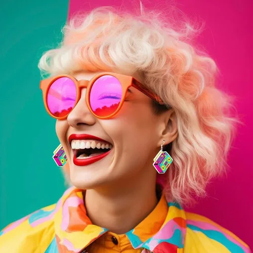 Vista 6 de Aretes de los años 70, 80 y 90 para mujer, aretes retro de cinta de cassette acrílica, aretes colgantes para Halloween, cosplay, fiesta brillante