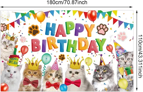 Vista 2 de Tatuo Telón de fondo de feliz cumpleaños de 5.9 x 3.6 pies, decoración de cumpleaños de gato, temática de gatito, fondo de fotos, fondo