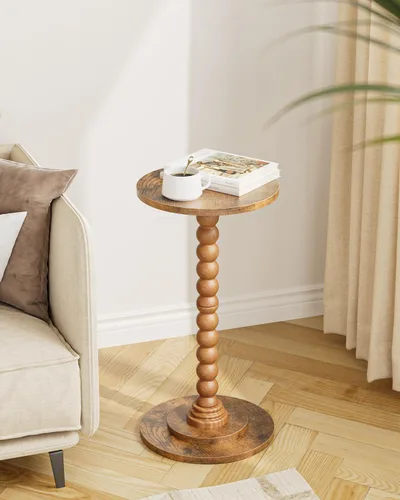 Vista 8 de Masupu Mesa auxiliar redonda, mesa auxiliar pequeña para espacios pequeños, mesa de bebidas con pedestal con pata de madera maciza para sala
