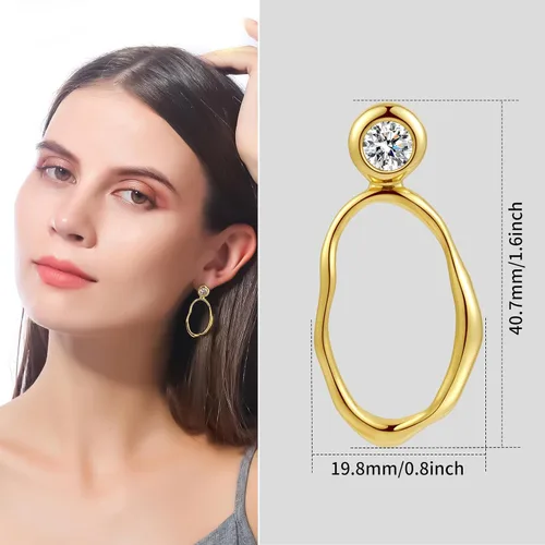 Vista 2 de Zaano Aretes colgantes chapados en oro de 14 quilates con circonita cúbica grande y asimétrica, joyería de gota para mujer, hipoalergénica