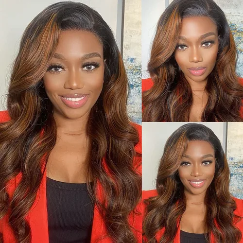 Vista 2 de UNICE Ombre Highlight Body Wave cierre de encaje 4x4 parte libre, cabello humano marrón cierre ondulado con raíces oscuras, color FB30 de 16
