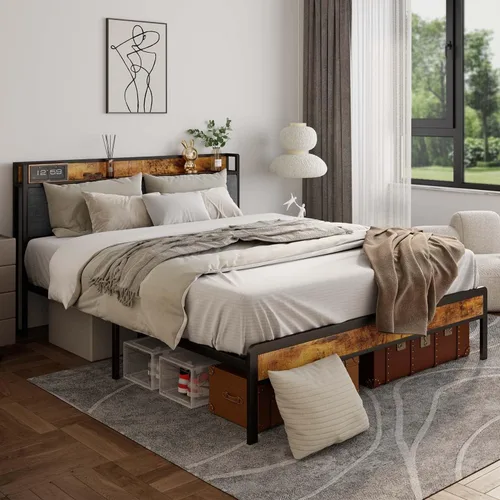 Vista 9 de Gizoon Base de cama matrimonial con cabecero y estribo, cama de plataforma Gris oscuro