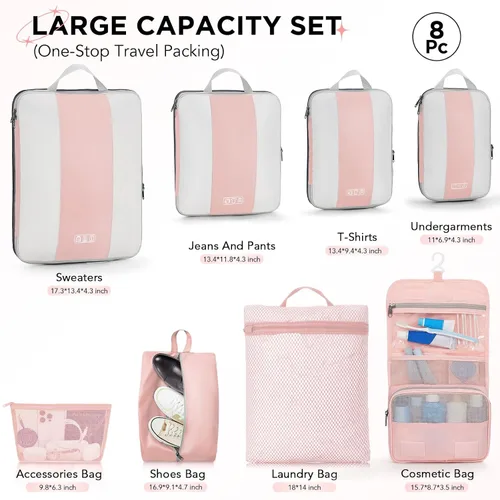 Vista 2 de Juego de 8 cubos de compresión para artículos esenciales de viaje, cubos de embalaje expandibles compresibles para maleta, bolsas organizadoras