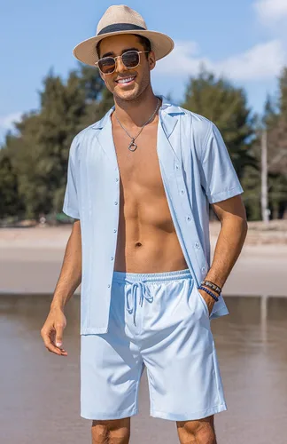 Vista 2 de COOFANDY Conjunto corto de 2 piezas para hombre, camisa con botones Guayabera, casual, trajes de playa de verano