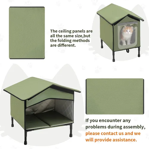 Vista 2 de Casa para gatos al aire libre con estación de alimentación para gatos, refugio elevado impermeable y aislado para mascotas, con puerta de solapa