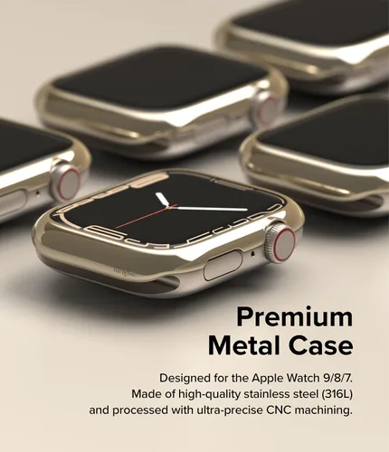 Vista 4 de Ringke Estilo de bisel [elegante marco de acero inoxidable] compatible con Apple Watch Series 9, 8, 7 (1.772 pulgadas), protector antiarañazos, Oro