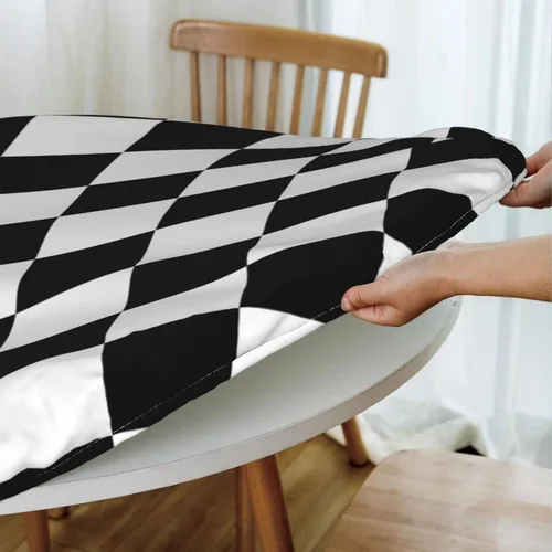 Vista 5 de Fiokroo Mantel con estampado a cuadros blancos y negros con borde elástico, mantel redondo de ajedrez, lavable, reutilizable, para cocina, comedor