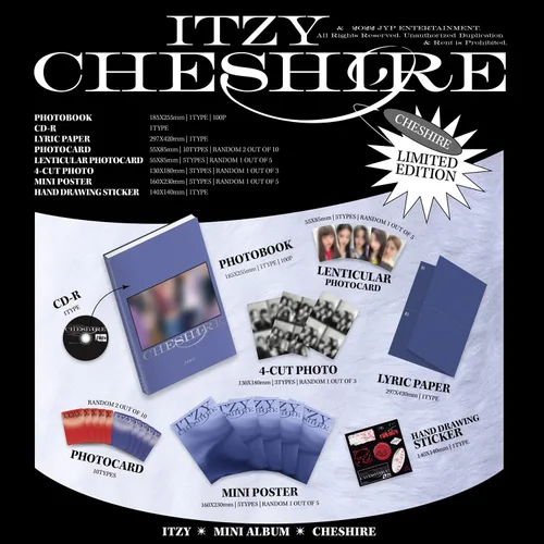 Vista 2 de ITZY - [CHESHIRE] (LIMITED EDITION) Photobook+CD-R+Lyric Paper+Photocard+Lenticular Photocard+4-Cut Photo+Mini Poster+Sticker+Photo Cube+Clear