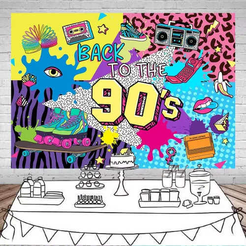 Vista 2 de Mocsicka Regreso a los años 90 Backdro 90s Decoración de fiesta de cumpleaños temática de fondo de los 90's Hip Hop Decoración de fiesta de los 80
