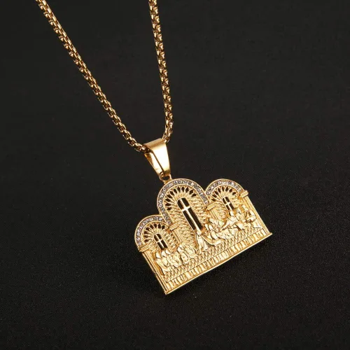 Vista 6 de AsAlways Collar con colgante de circonita cúbica de acero inoxidable chapado en oro con sus discípulos para hombre, joyería hip hop, Metal, Circonia