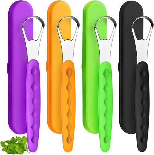 Vista 10 de 4 piezas de limpiador de lengua para adultos y niños, cepillo de lengua de acero inoxidable, raspador de metal, reduce el mal aliento con fundas