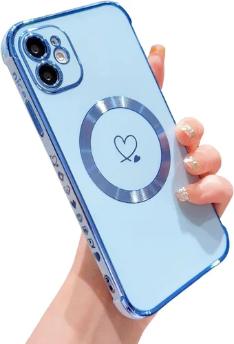 Vista 9 de Funda compatible con Magsafe para iPhone 11, diseño electrochapado con patrón de corazón de amor, TPU suave, a prueba de golpes, protección completa