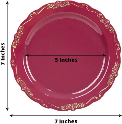 Vista 3 de Efavormart - Paquete de 10 platos desechables de 7 pulgadas transparentes con borde vintage burdeos, elegantes platos de postre de plástico